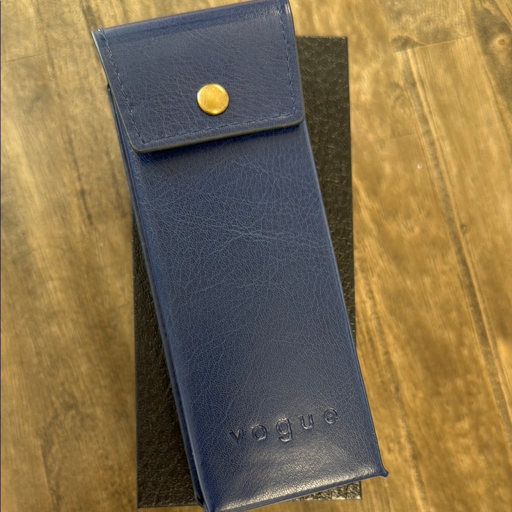 New Vogue Navy Leather Glasses Case with Gold Button